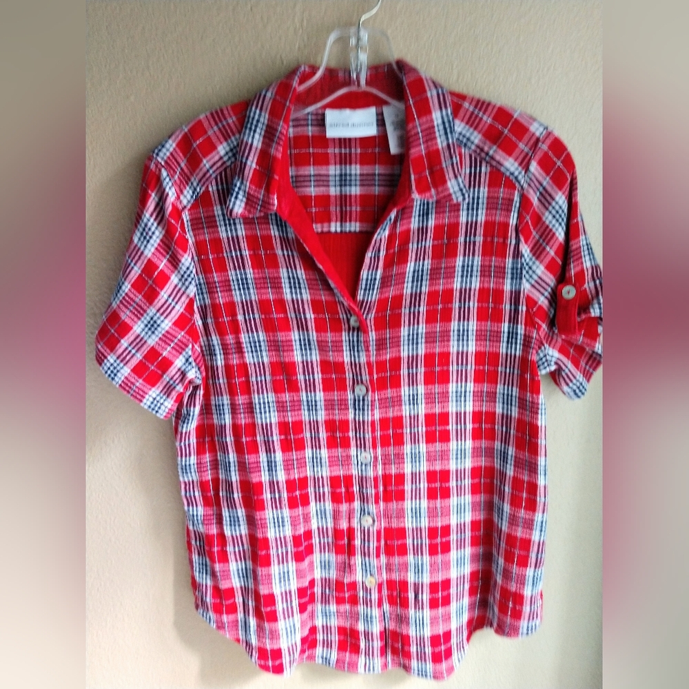 Alfred Dunner Red White Blue Plaid Camp Shirt Short Sleeve  Size 10, Chest 34"